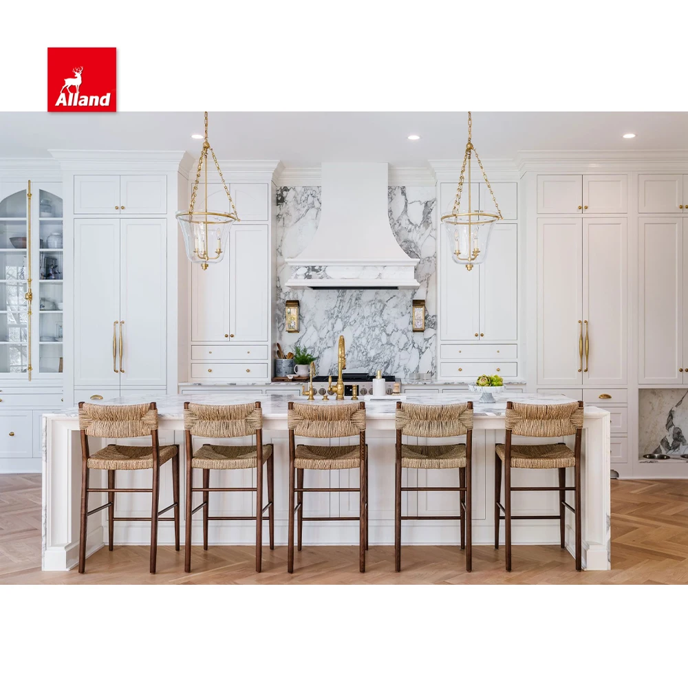 AllandCabinet индивидуальный Американский каркас белый деревянный шейкер дизайн кухонного шкафа с островной стеклянной дверью достаточно для хранения