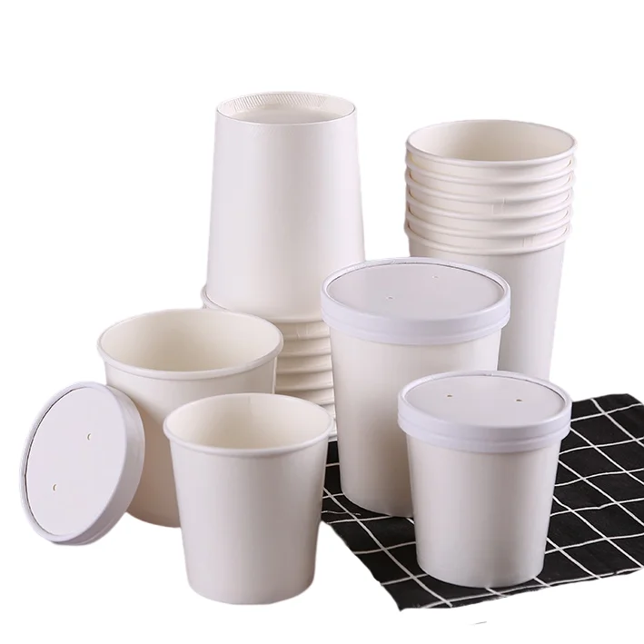 Eco-friendly disposable food container white take out paper soup cups with lid