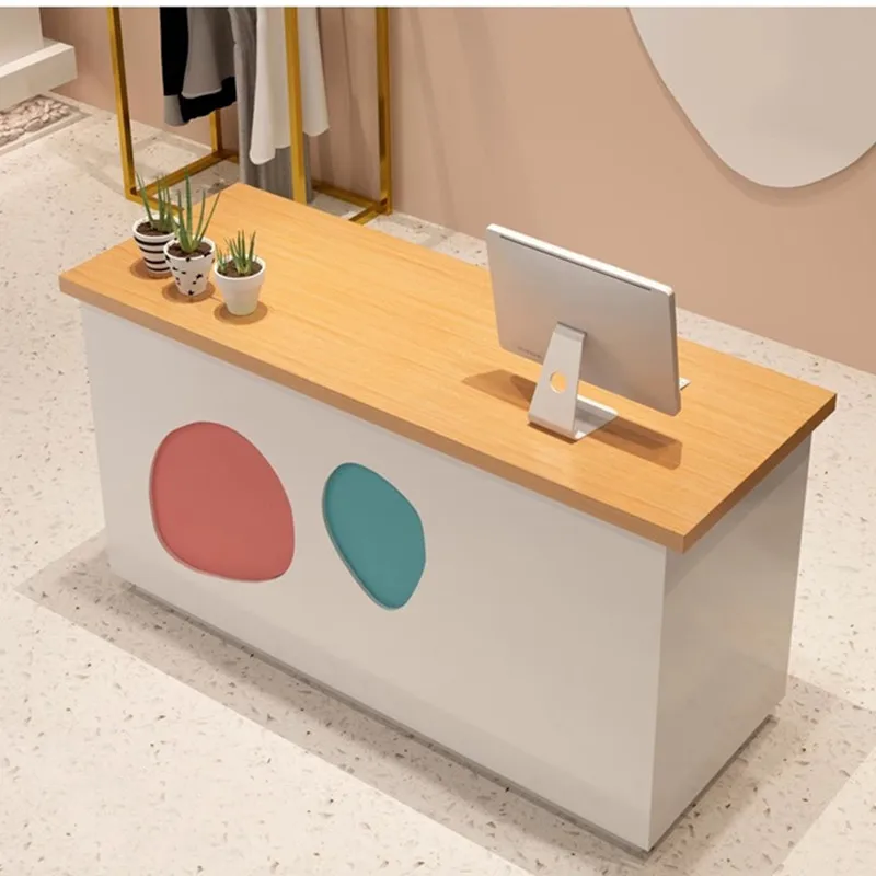 Modern Wood Corporate Front Desk Design Customized Logo cash register beauty salon bar reception desk