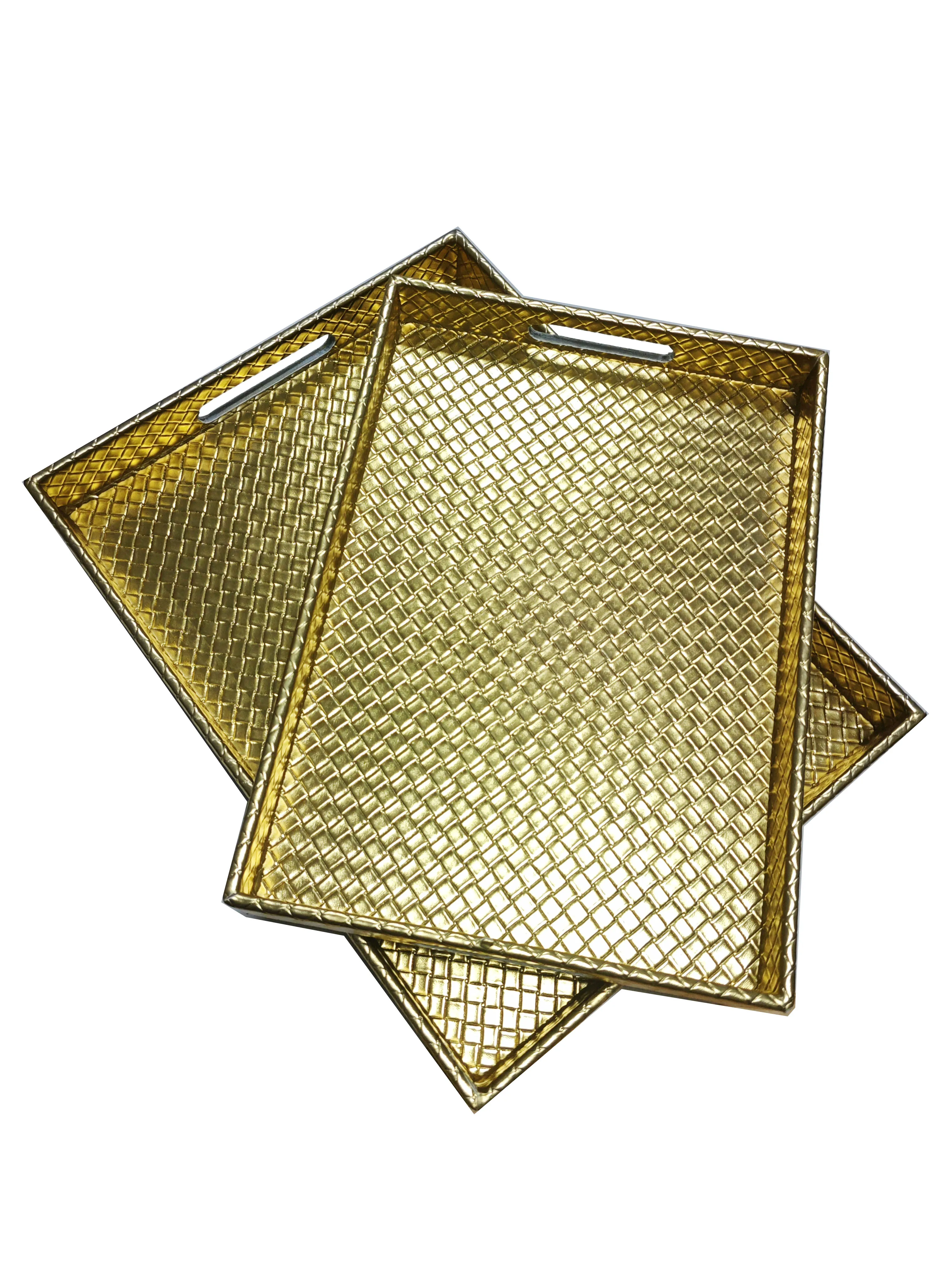 Hot Selling Yellow Gold Leather Texture Braided Plastic Tray for Wedding/party Event Decoration