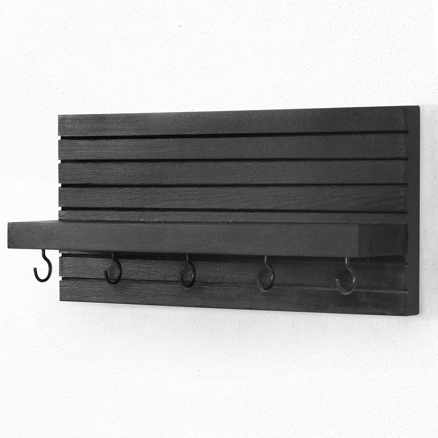 Home Decorative Black Wood Entryway Wall Hanger Shelf Rack Wooden Wall Key Holder with Hooks