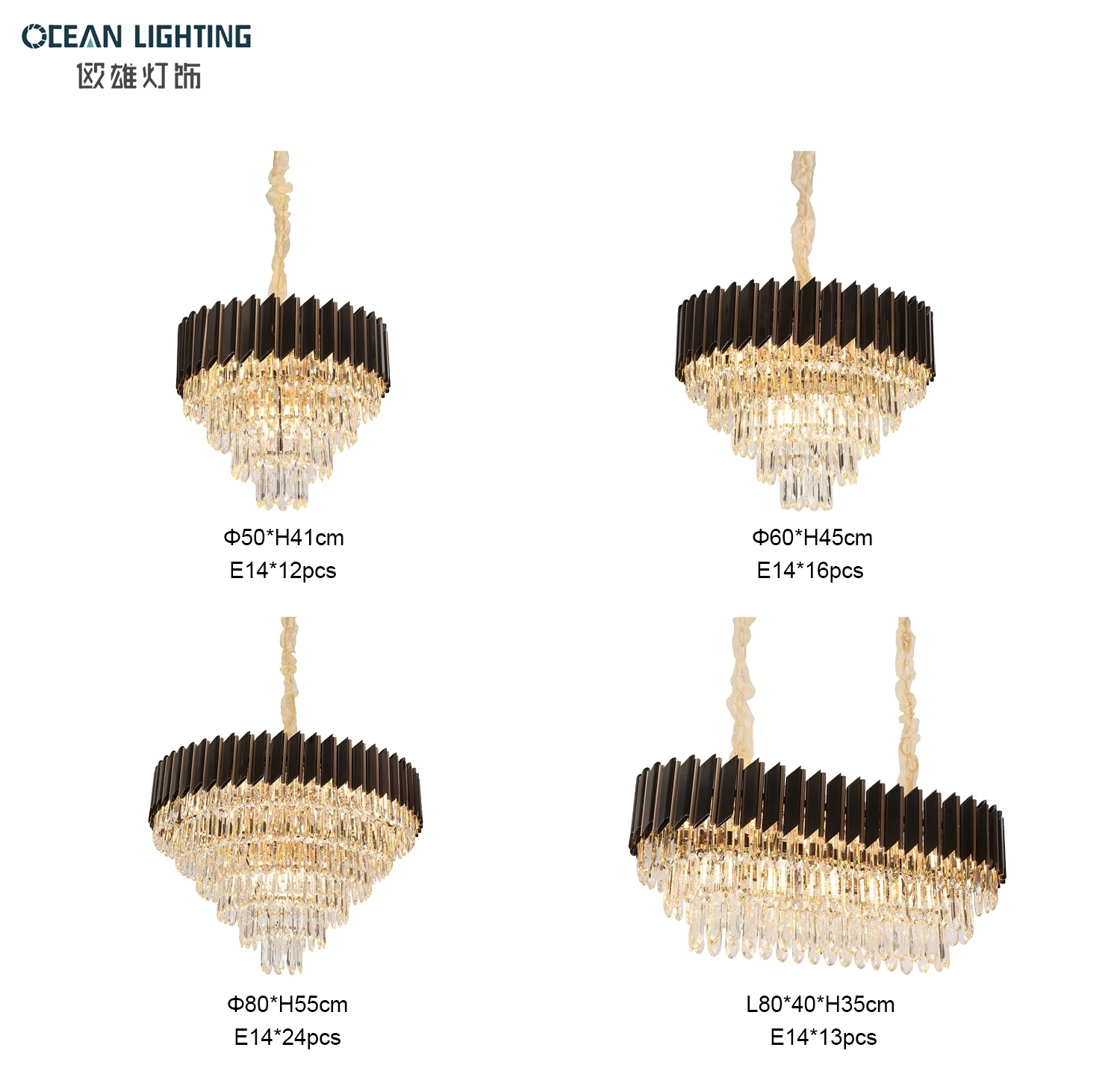 Modern Restaurant Hotel  Black Iron Round E14 LED Hanging Lamp Lights Luxury Decorative Pendant Lamp Crystal Chandelier