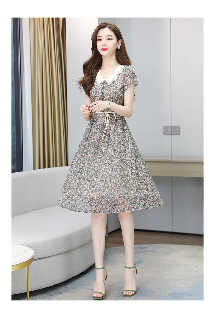 Новое летнее платье с цветочным принтом, женское платье, с коротким рукавом, с воротником в кукольном стиле шифоновое платье с завязкой на талии