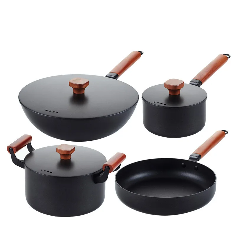 High-end gift pot set cast iron pot Pan Wok Pan set four-piece gas induction cooker universal  Gift pot set