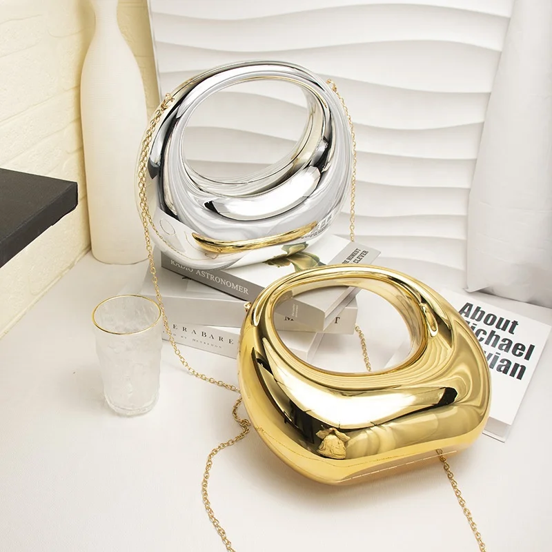 2024 New Fashion PVC Purses And Handbags Luxury Women Chain Shoulder Hot Golden Handbag Ladies Half Moon Embellished Clutch Bag