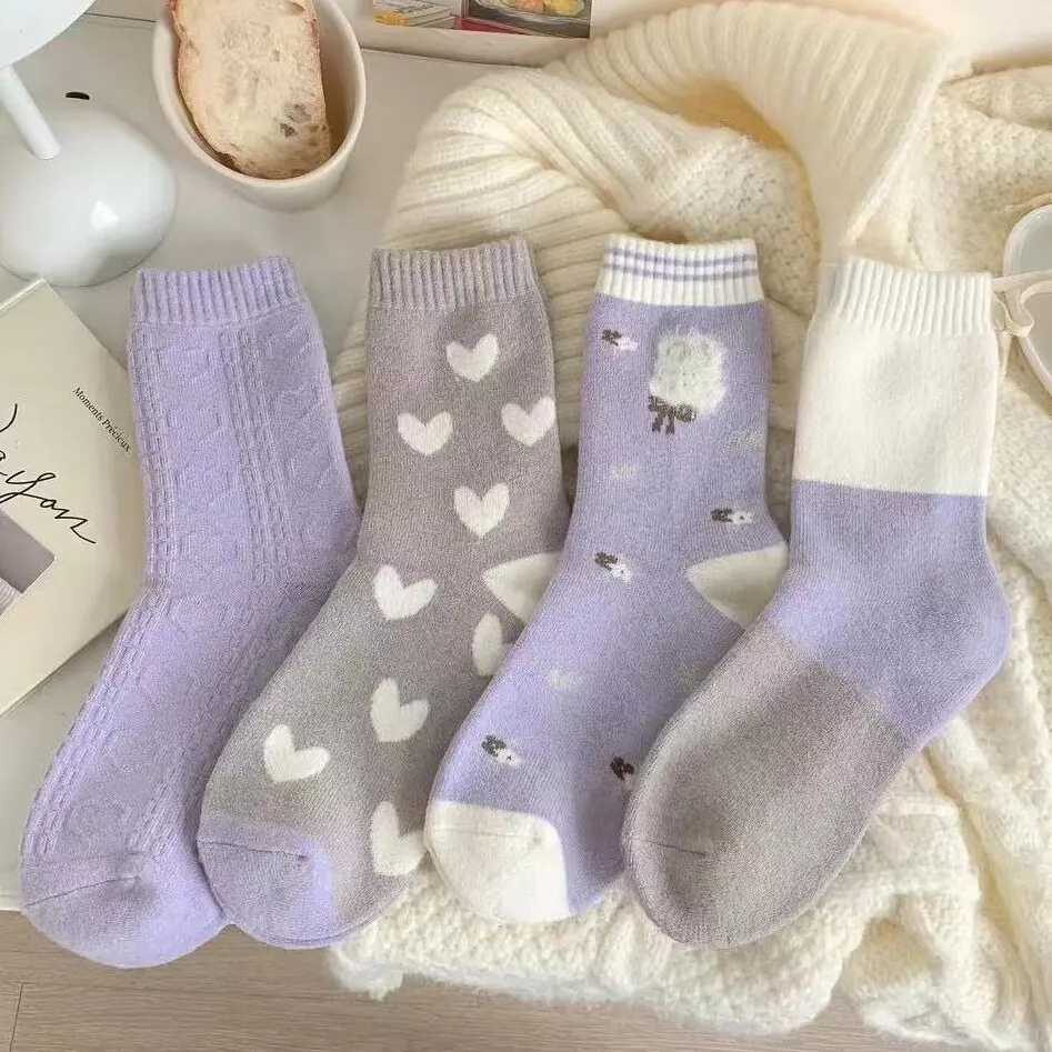 2025 New Thick Autumn Spring Warm Soft Socks Cotton Elastic Romantic Love Heart Cable Wide Striped Lavender Purple Foot Socks
