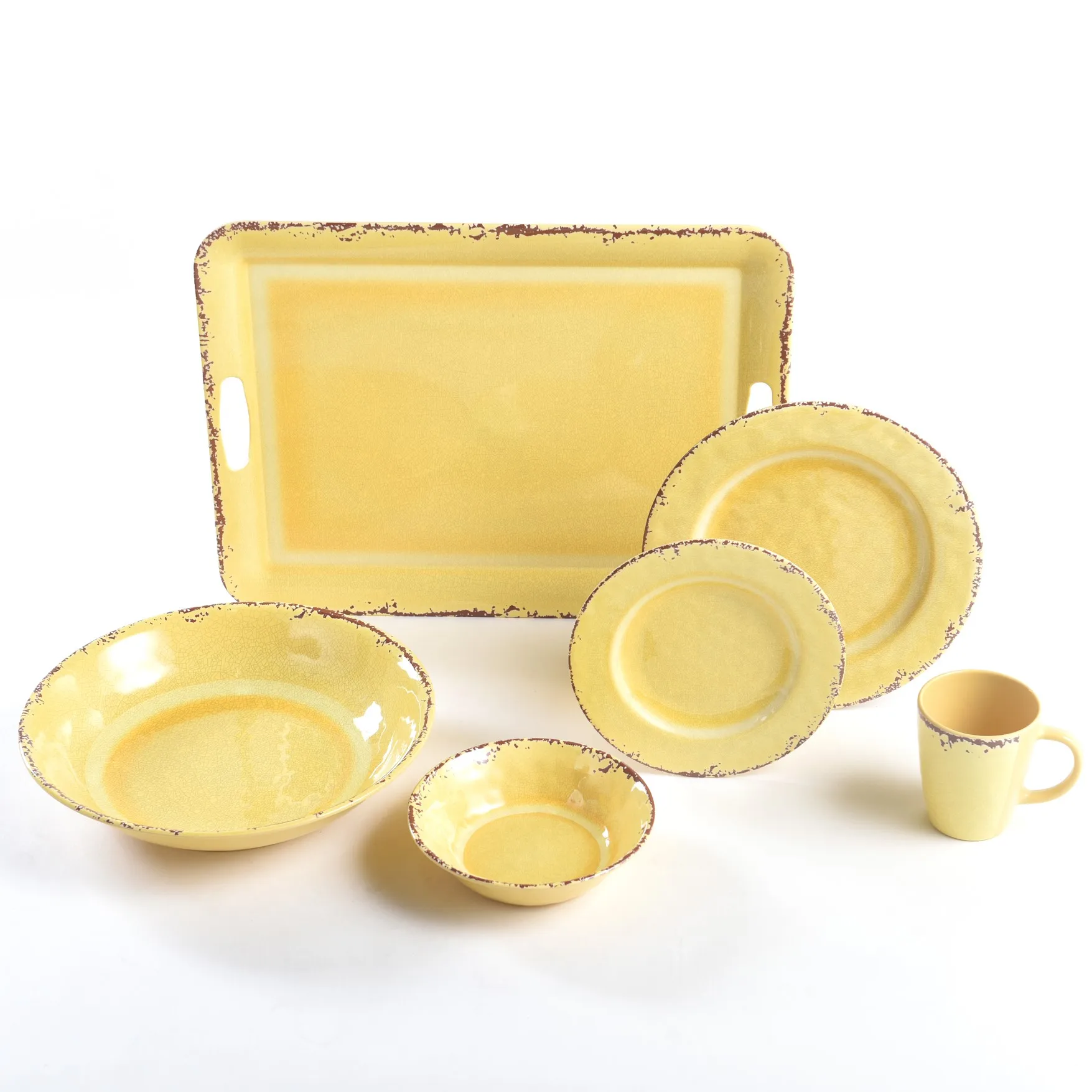 Heavy Weight Antique Yellow China 12-Piece Melamine Rustic Tableware Dinnerware Dinner Plate set Rustic