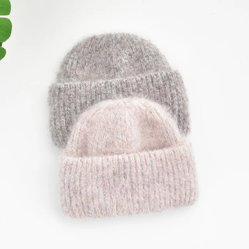 Winter Thick Knitted Angora Wool Beanie for Women Girls Colored Yarn Knit Warm Cuff Hats Custom Logo Fashion Ski Caps
