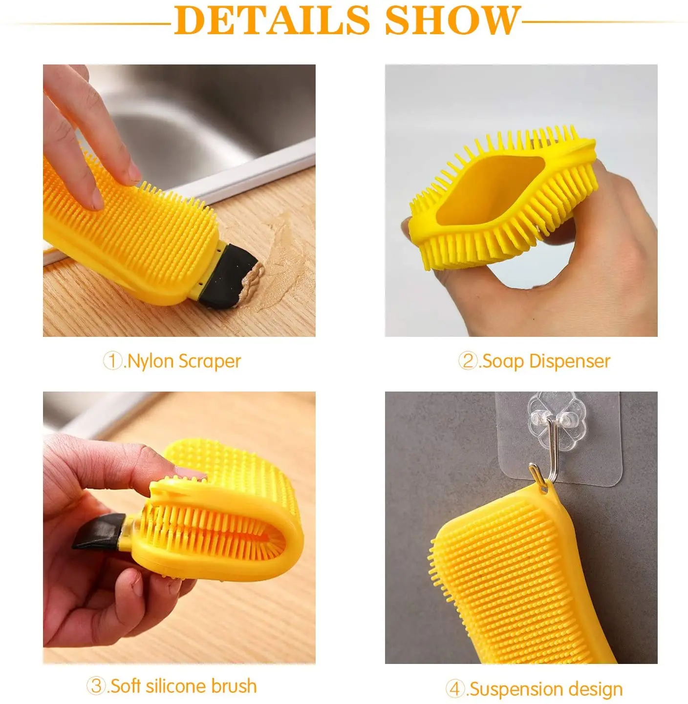 Multi-Functional Silicone Sponge, 3 in 1 Silicone Brush Scrubber Scraper Cleaning Brush for Kitchen and Bathroom Cleaning