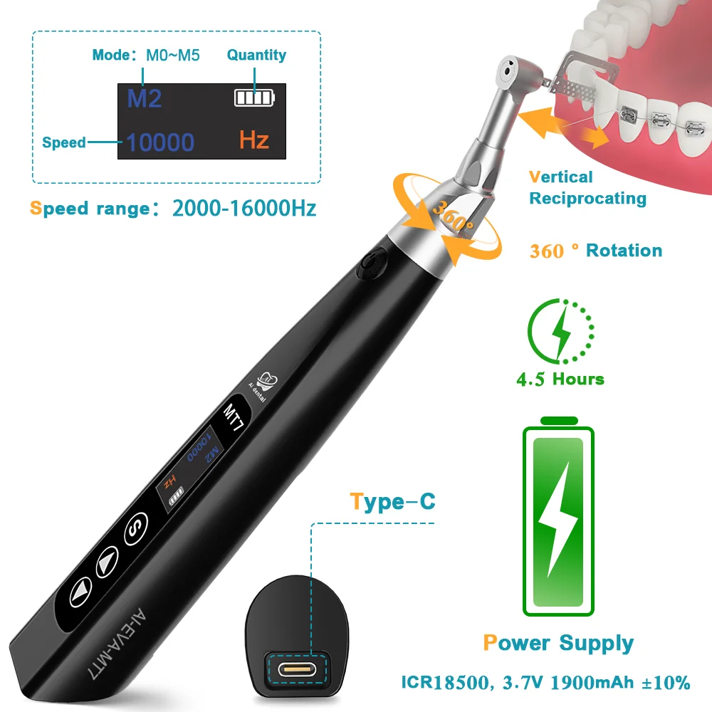 Dental Electric Orthodontics Handpiece IPR System Motor Vertical Reciprocating Contra Angle Can 360° Rotation EVA Tips EVA-MT7