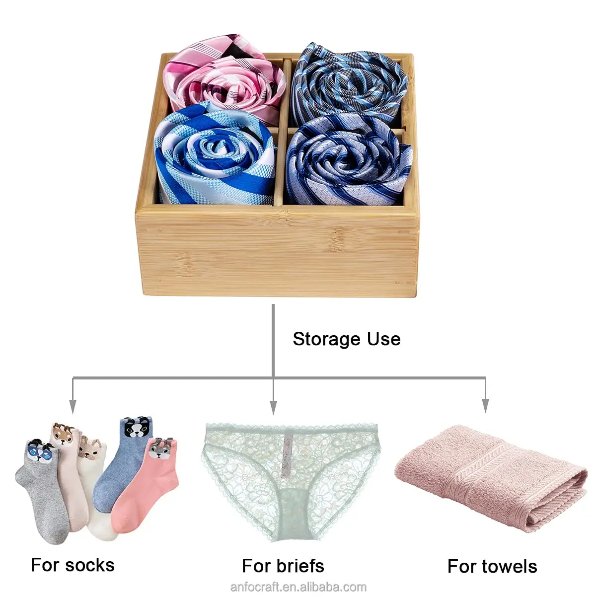 Bamboo Closet Drawer Divider  Storage Organizer with  Compartments Drawer Organizer Storage Box for Belts Ties Bras Briefs Socks