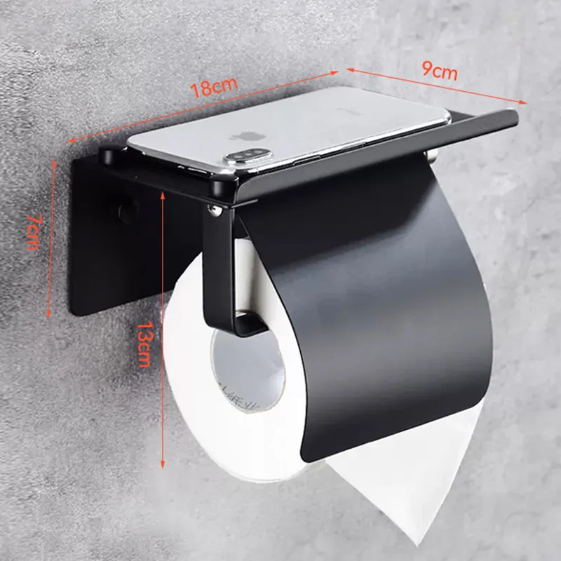 Stainless Steel Wall-mounted Multifunction Toilet Roll Standing Tissue Black Toilet Paper Holder With Phone Shelf