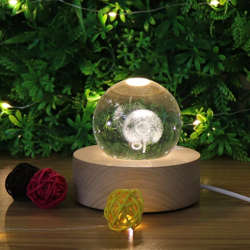 Wholesale 3d Art Crystal Ball Night Light Bedroom Decor Wood Led Lights