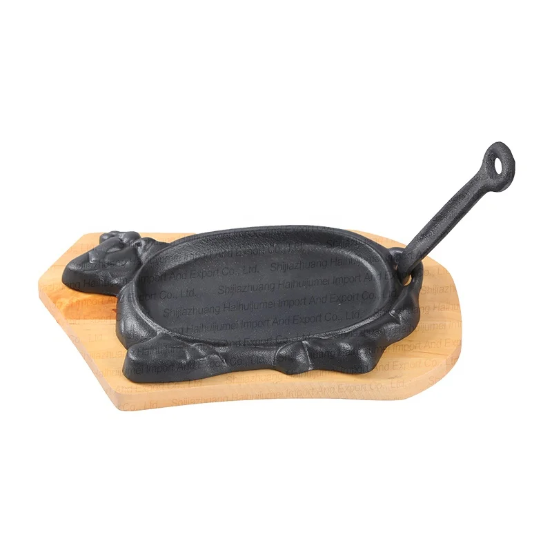 Manufacture Pre-Seasoned Barbecue BBQ Cast Iron Fajita Sizzling Steak plate Pan Tray Set Remove Handle Wooden Base