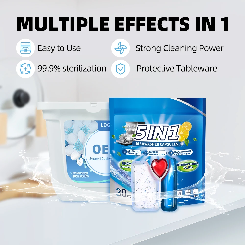 OEM ODM Custom Eco-friendly Bio-Enzyme 5In1 Effect Disposable Dishwashing Tablet Deep Clean Tough Stain Removal Tableware