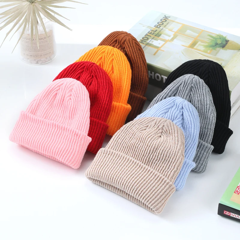 High Quality Winter Kids Plain Dyed Jacquard Custom embroidery print logo solid color 100% Acrylic Warm Knitted Beanie Hat