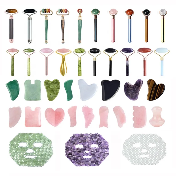 
High Quality Natural Facial Massage Absorbed Jade Roller Stand & Gua Sha Massage Personalized Jade Rose Quartz Roller 