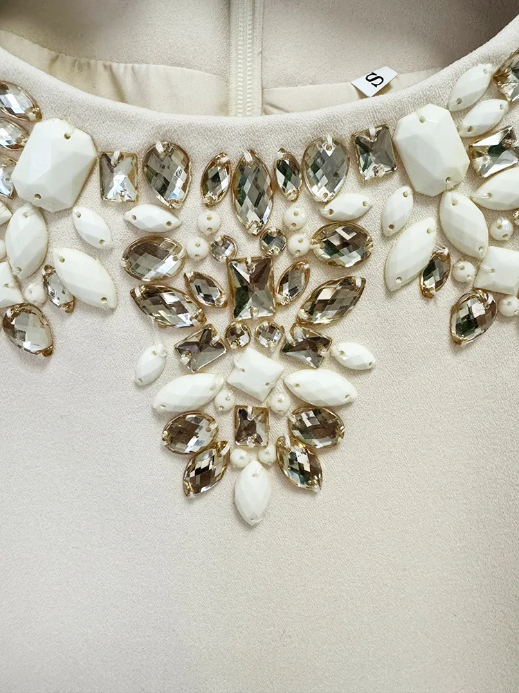 2022 spring new arrivals fashion elegant high waist mini dress round collar nail beaded diamond long sleeveless dress for women