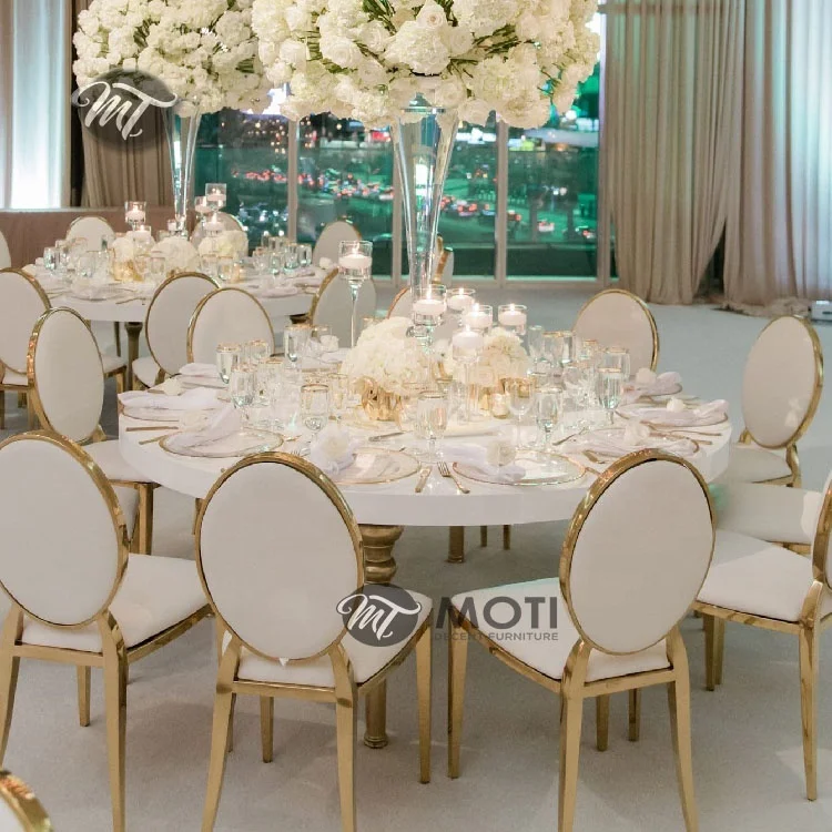 Luxury white and gold round wedding tables and chairs sets for tent event rental