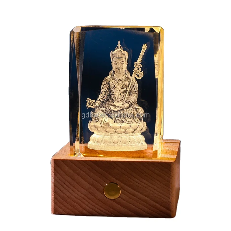 Glass Statue of Crystal Bodhisattva 3D Laser Engraved Crystal Ball with Wood LED Light Night Lamp