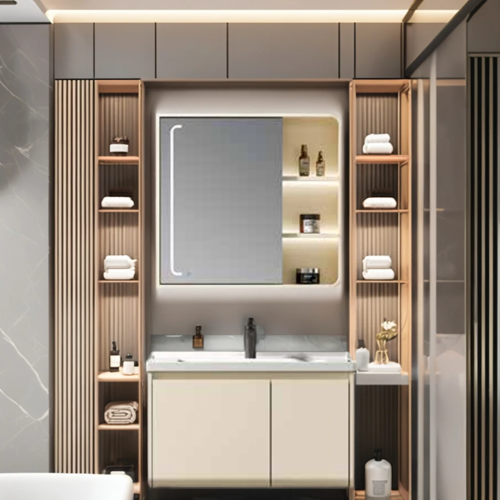 Solid Wood Lacquered Creme Fraiche Bathroom Cabinet Smart LED Mirror Large Ceramic Wash Basin High-Temperature Resistant