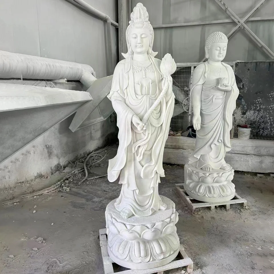 Classical white marble Guanyin Bodhisattva stone sculpture temple sitting Buddha statue figure ornaments 2M height