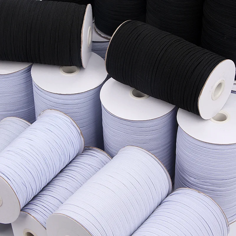 Double Fold Bias Tape White Black Flat Knitted Braided Elastic Band Braided Elastic Rope Stretch Strap Cord Roll 6mm for Sewing