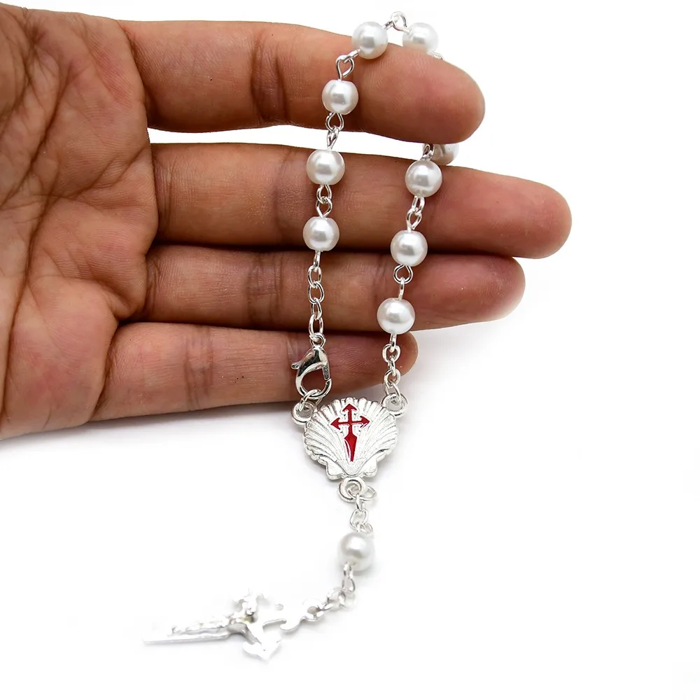 Glass Pearl Beads Shell Cross Rose Rosary Bracelet Religious Catholicism Gift Prayer Car Rosaries