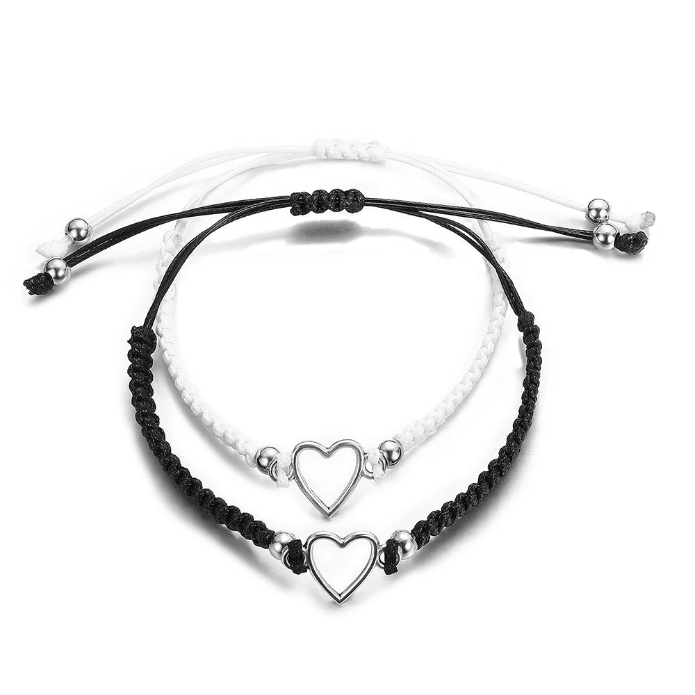 Creative Black White Couples Bracelet for Women Men Hollow Heart Woven Hemp Rope Adjustable Fashion Jewelry Bracelets