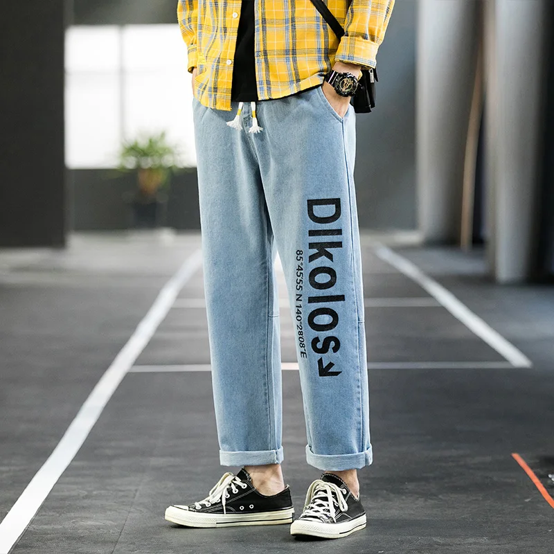 
2020 Custom LOGO stylish denim jeans blue loose cotton straight men pants 