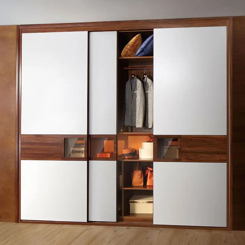 OPPEIN Cherry Wood With Six Solid Wood Doors White Closet Corner Gloss Mirror Bedroom Closet Large Cheap Multifunction Wardrobe