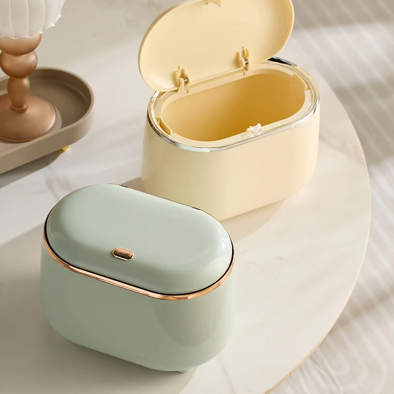 Multi-scene collocation Press desktop small trash can Ddouble-layer oval spring lid storage tube