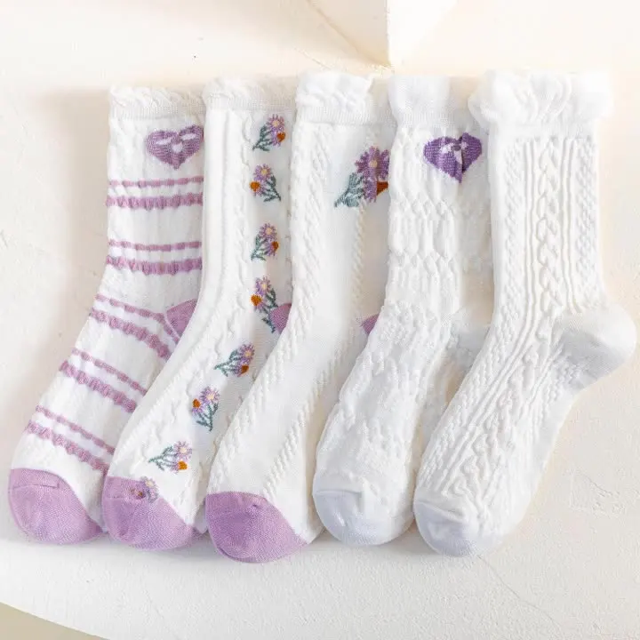 Women Fresh Simple Custom Purple Cotton Socks Medium Tube White Lace Flower Socks
