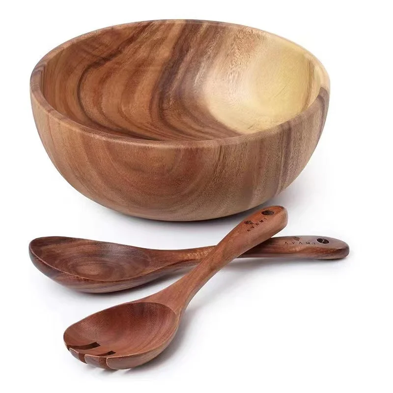 2023 Hot Selling home decor Wooden Bowls,with Utensils Wooden Forks and Spoons Mix size Stackable Dish for Fruit Salad Vegetable