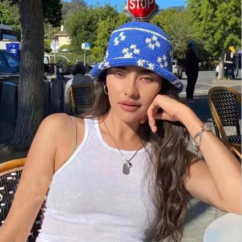 Vintage Flowers Crochet Bucket Hat Women Weave Fisherman Hat Ladies Summer Breathable Sun Hat Fashion Travel Panama