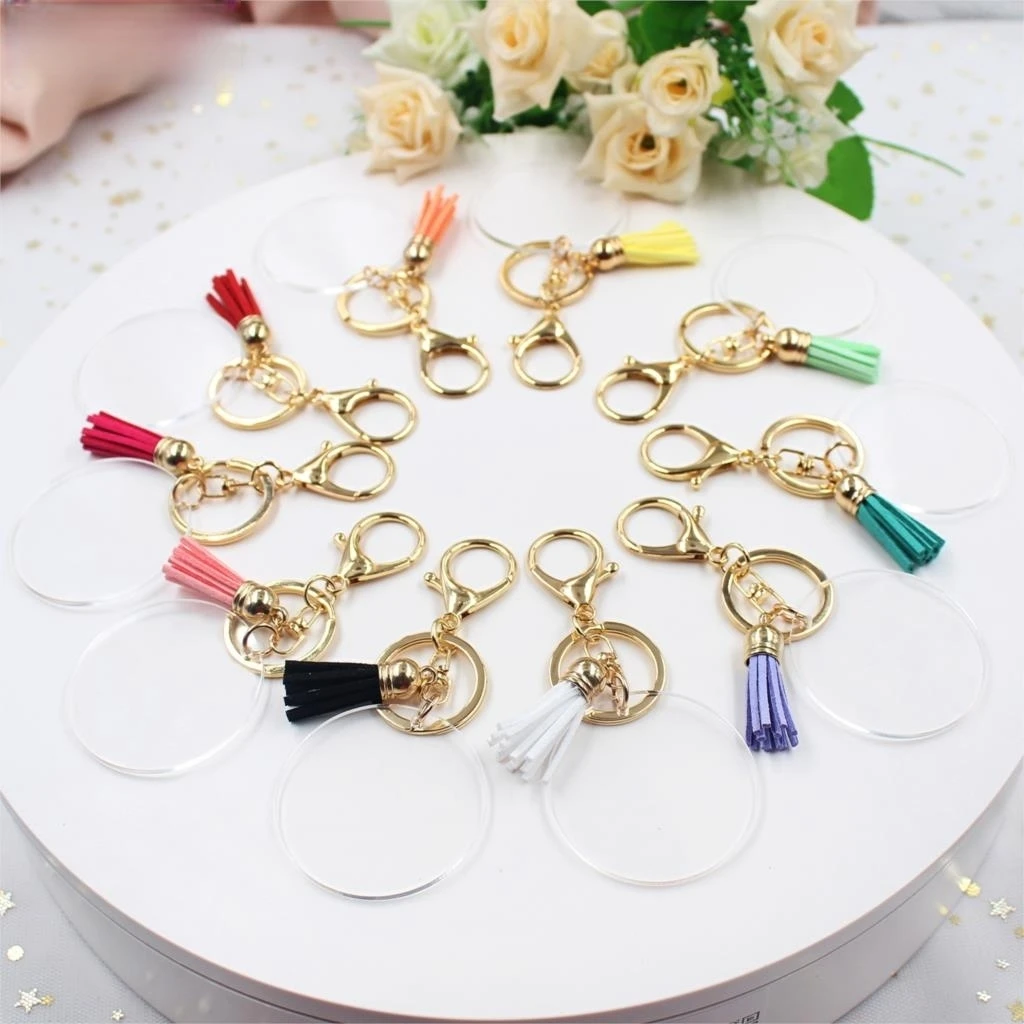 Acrylic Clear Round Keychain With Tassels Lobster  Circle Monogram Gold Keychain