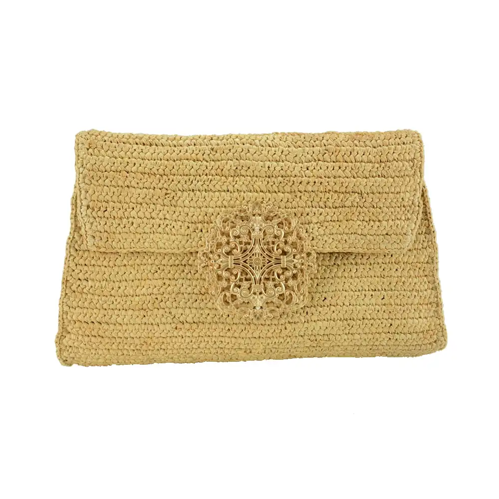 New design metal ring trimmed handmade crocheted natural raffia straw clutch for the summer