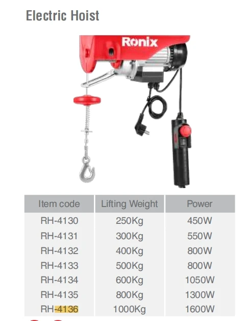 Ronix RH-4130-4136 Model 500KG 1 ton 1.2 ton Small Wire Rope 1600W Electric Hoist electric winch electric hoist