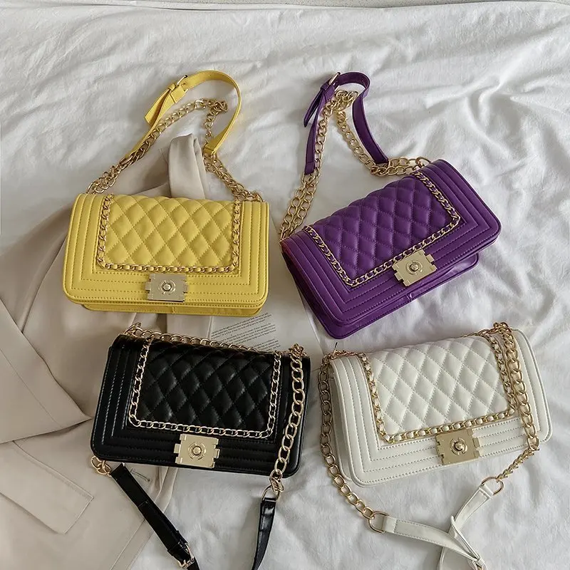 2020 Wholesale stock new design Shoulder Bag Candy Color rhombus Leather Quilted Crossbody Bag Ladies Sling Bag With Chain