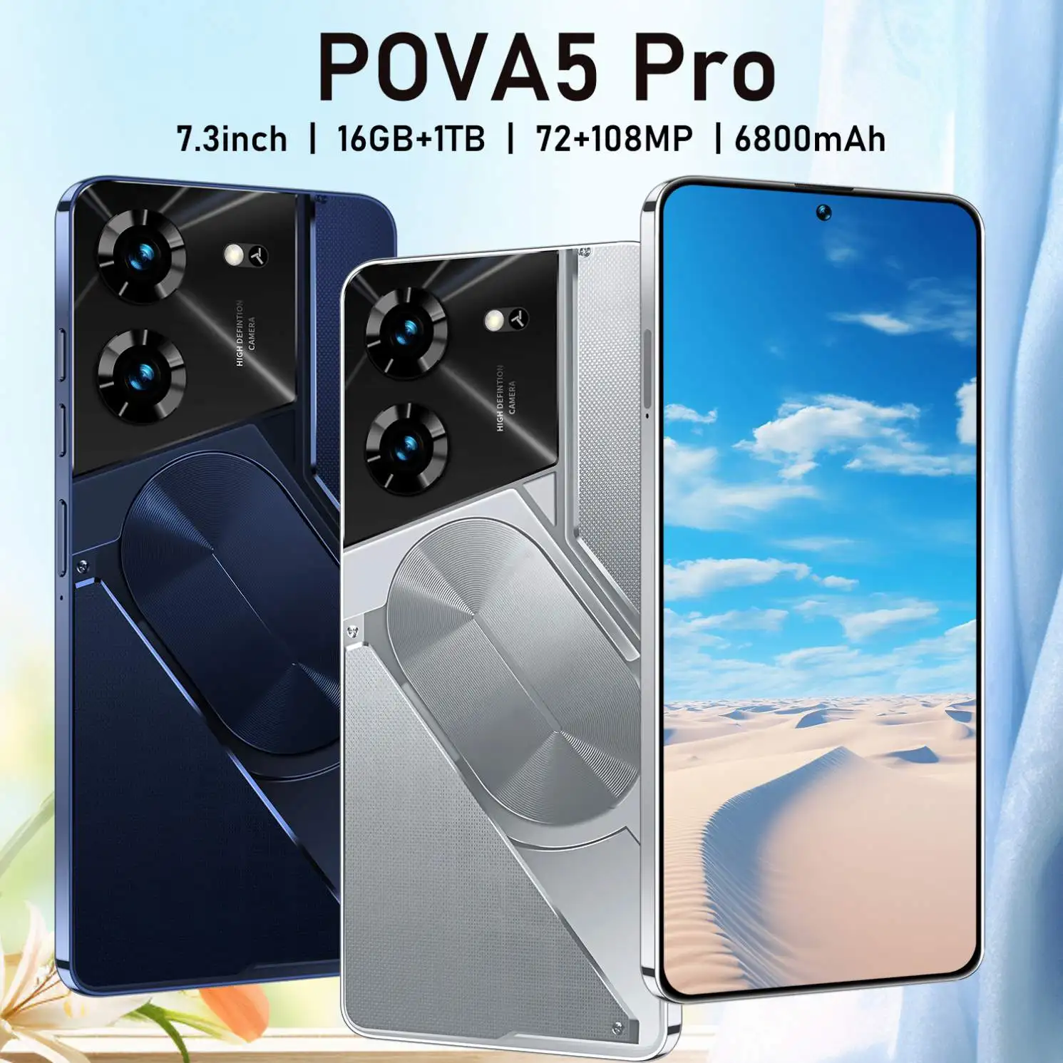 Hot Selling POVA 5 Pro Original 7.3 Inch 5G Smartphone 16GB+1TB 6800 mAh Android 13.0 Mobile Phone SmartPhone