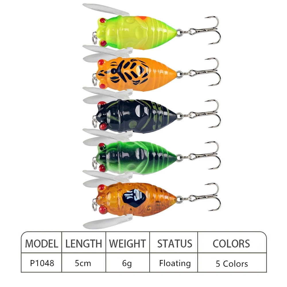 TOPRIGHT P1048 50mm 6g Cicada Lifelike Topwater Fishing Lures Popper Topwater Lure For Bass Hard Plastic Bass Fishing Lure