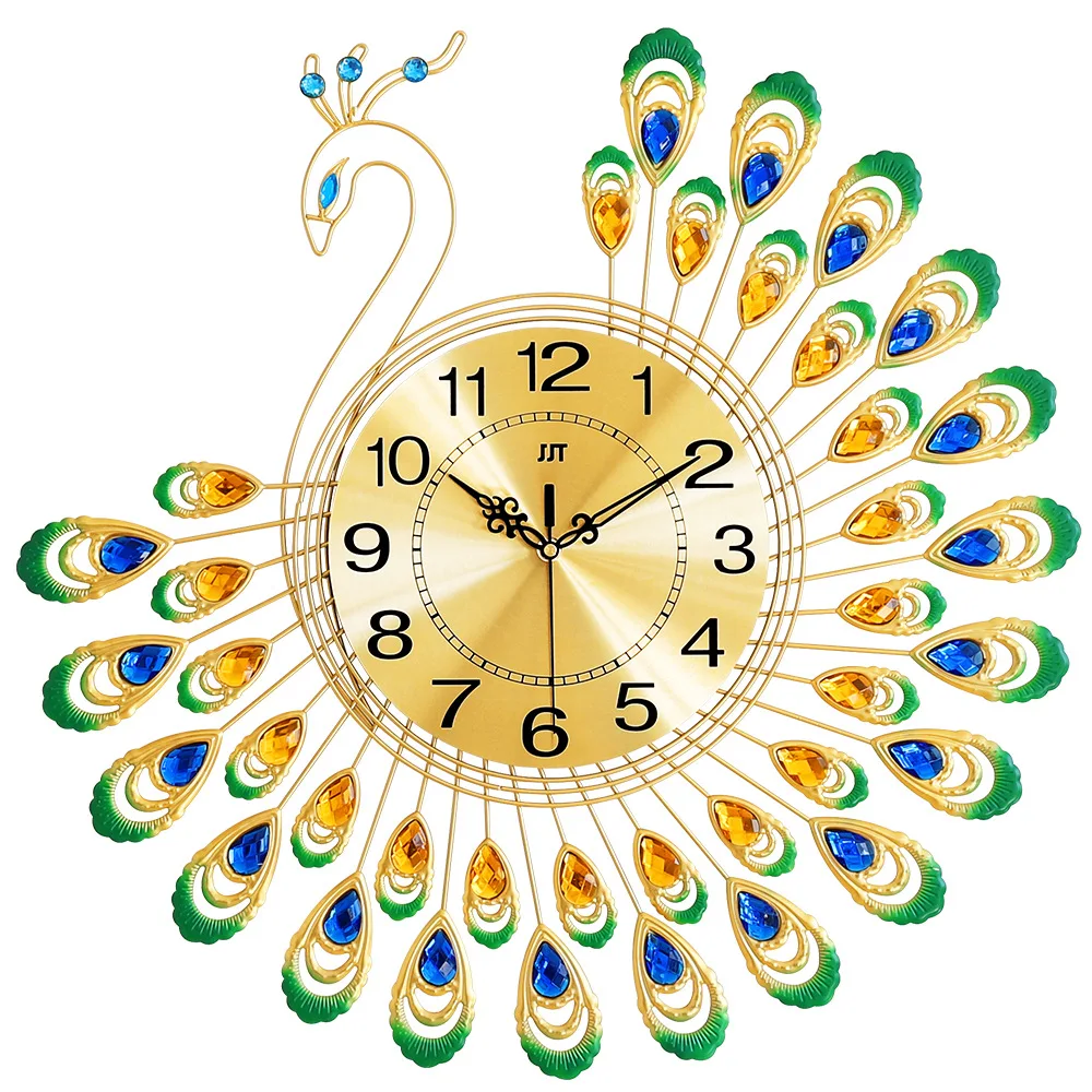 2020 New Year Gift European Style Fashion Classic Luminous Mute Gold Peacock Decorate Metal Wall Clock