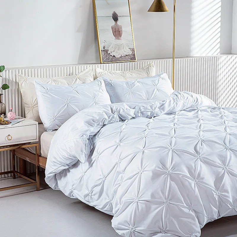 100% Polyester White Soild Bedding Set New Simple Luxury Washed Embroidery Three-pieces Four-pieces Bedding Set with Curtains