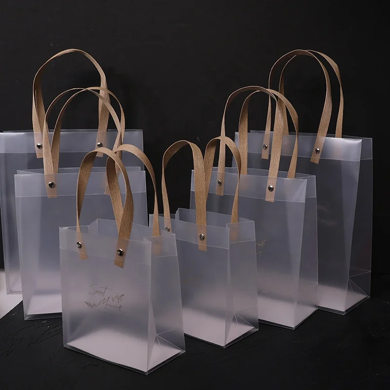 Frosted PP handbag transparent square bottom shopping plastic packaging bag  PVC gift bag customized logo