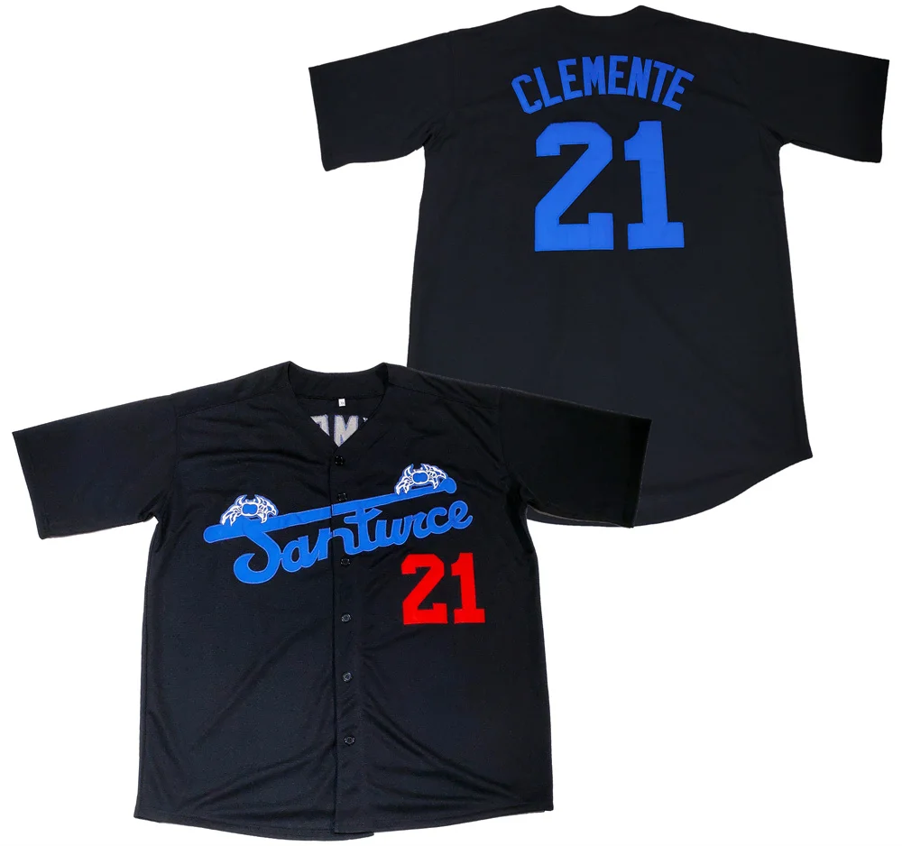 Customized Wholesale Blank Tackle Twill  Embroidered #21 Clemente Black Santurce Baseball Jersey Stitched