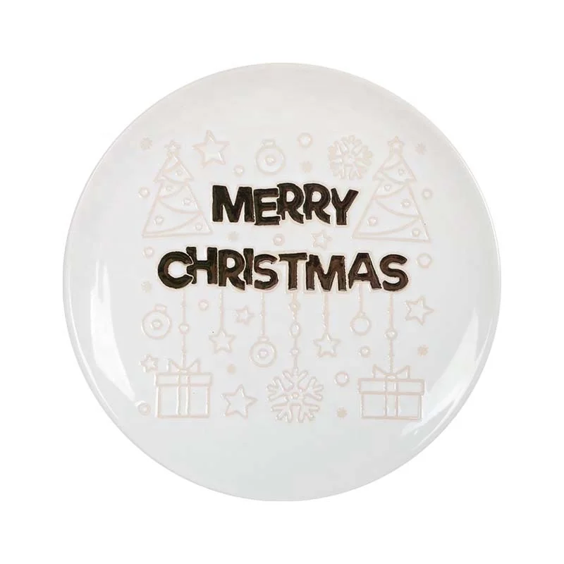 Holiday best-selling tableware manufacturers wholesale Christmas text pattern metal glaze ceramic salad plate