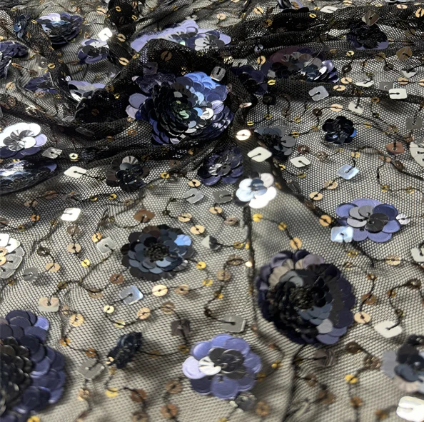 High Quality 95% Poly 5% Spandex Flower Embroidery Beaded Lace With Sequins French Bridal Lace Tulle Fabric For Wedding Dress