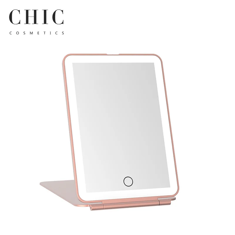 2024 New Beauty ODM Led Foldable Travel Makeup Mirror Touch Screen Portable Standing Adjustable Folding PU Mirror With Led Light