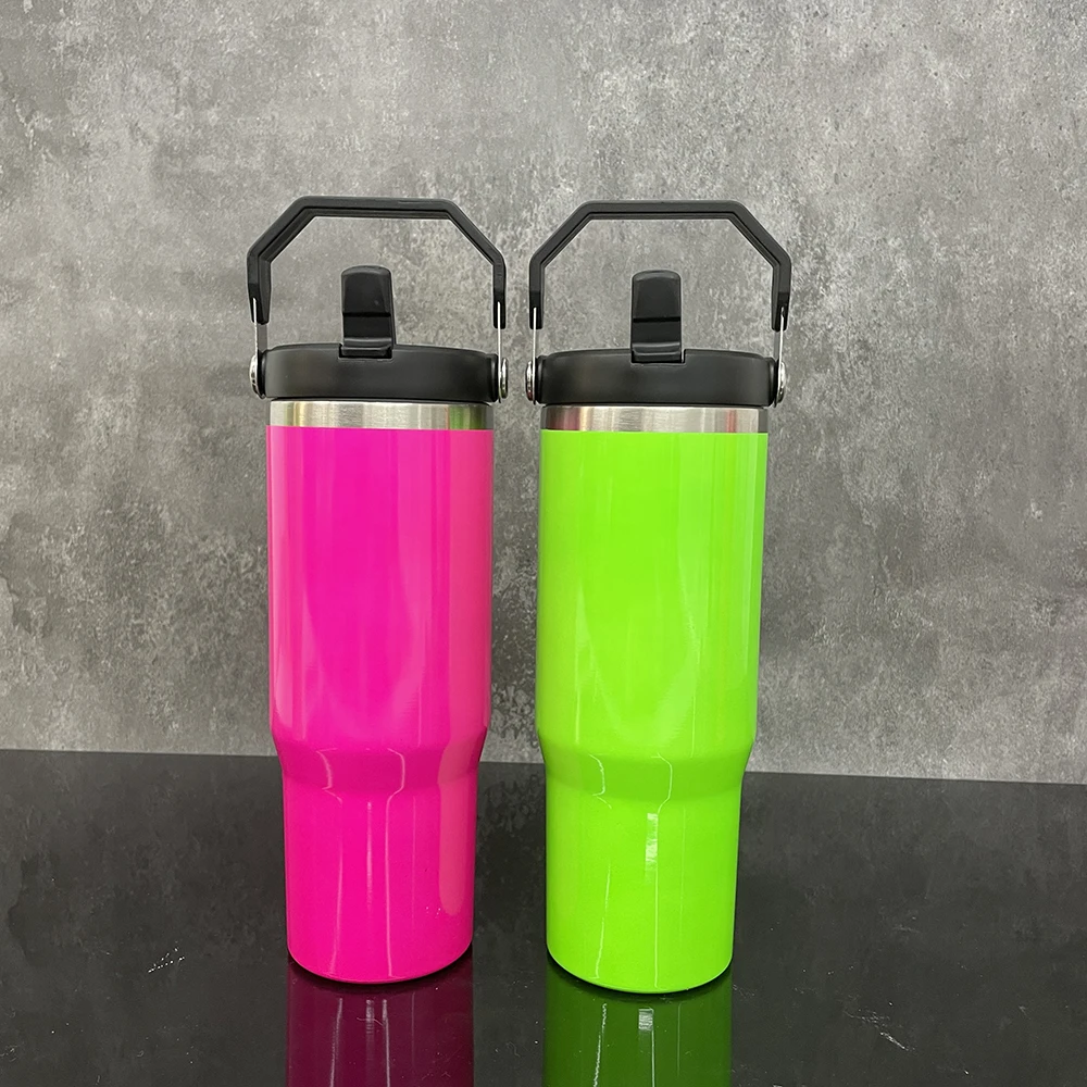 New Arrival Neon 30Oz Insulated Sublimation Tumbler With Swing Handle Lid Stainless Steel 30 Oz Sublimation Flip Straw Tumbler