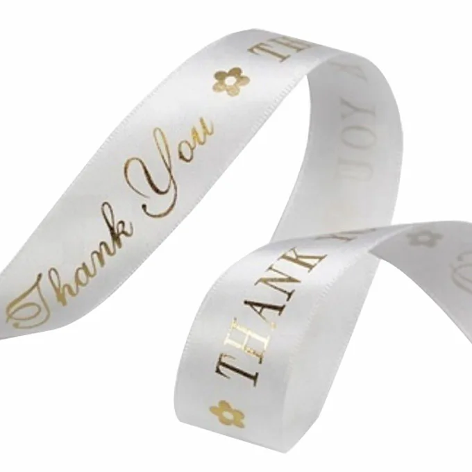 Wholesale 1 Inch Custom Printed Logo White Polyester Satin Ribbon, thank you ribbon